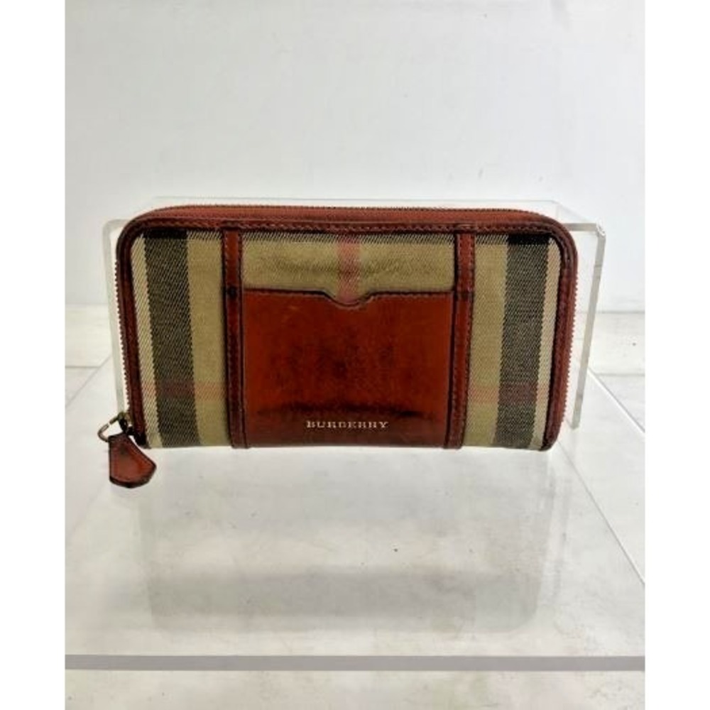 Burberry Tartan Zip Wallet Reddish Brown Leather Archive Beige Check Authentic